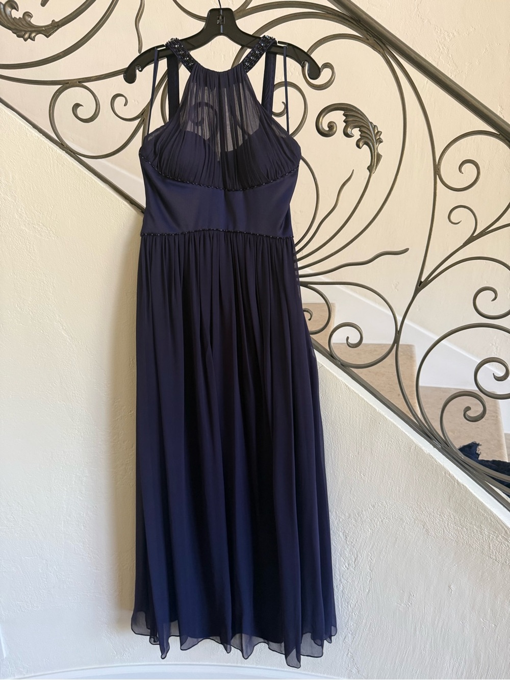 Marc Bouwer Dark Purple High-Neck Pleated Chiffon Maxi Dress with Beaded Straps